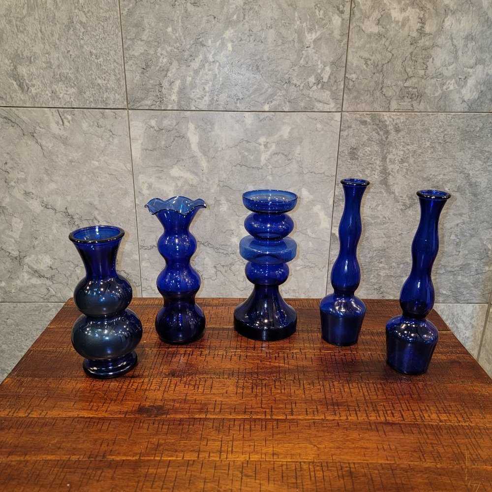 Vintage Cobalt Blue Glass Bud Vases, 2 matching, 3 others, mid-century modern